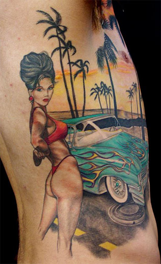 Tattoo of a sexy woman and a hot car by tattooist Josh from Tatfu Tattoo in